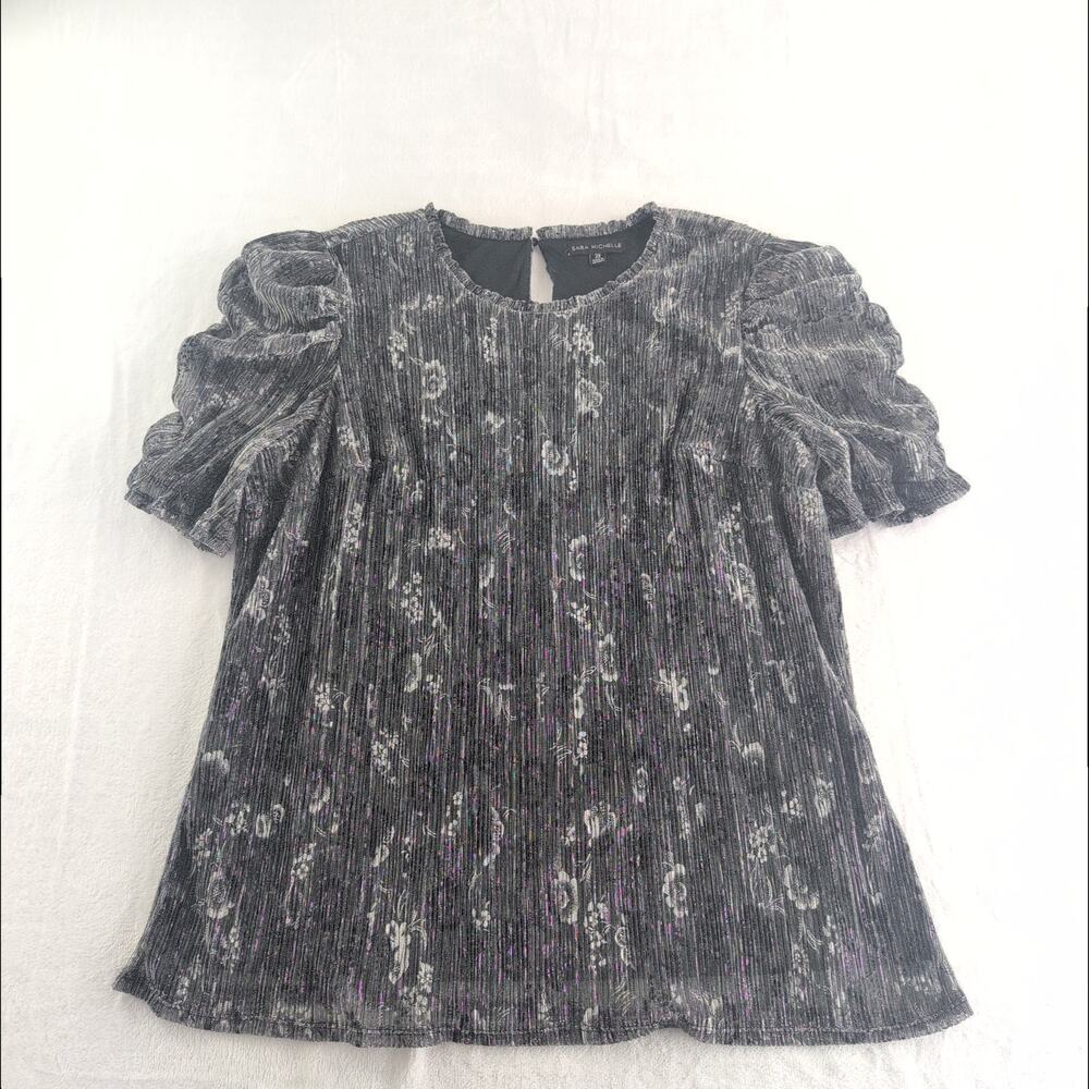 Sara Michelle Crepe Metallic Silver Puffed Sleeves Top Women's 3X Moody Romantic